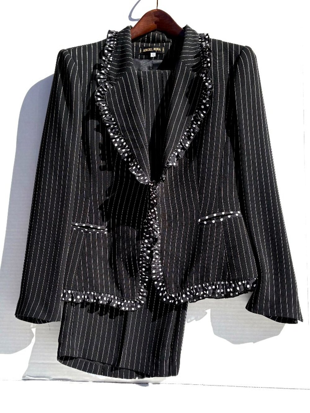 VTG Women’s Angel Nina Black Pinstripe Trouser Suit, Polka Dot Trim France 11 US